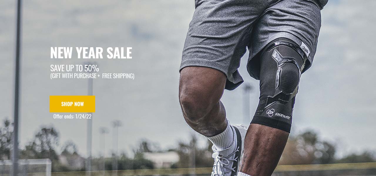 Save up to 60% - athlete wearing knee support